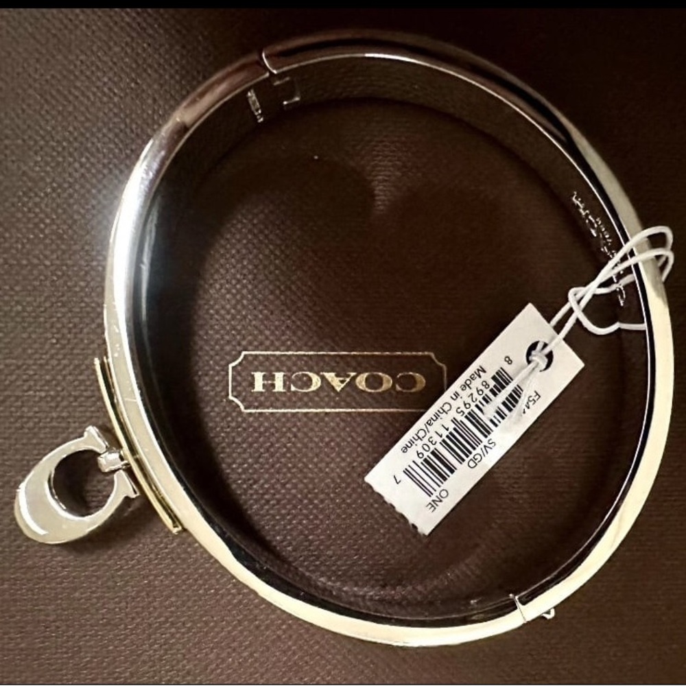 Coach Silver C-Logo Hinged Pave Bar Bangle Bracelet~